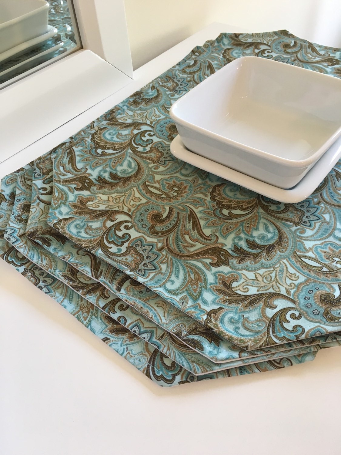 Aqua Paisley Placemats Teal Paisley Dining by LinensbyMichele