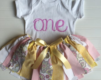 Pink and Yellow Tutu Outfit - Baby Tutu 1st First Birthday Outfit Shabby Chic Rag Tie Fabric Tutu Cake Smash Outfit Baby Skirt Pink Tutu