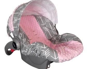 Baby Car Sear Cover, Infant Car Seat Cover, Slip Cover- Custom Grey Arrow & Light Pink Minky