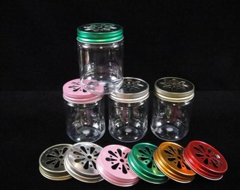 EIGHTEEN Mason Jars, Plastic Mason Jars and Lids, Kids Parties, Metallic Daisy Lids, Weddings, Favors, Metallic Mason Jar Lid - 12 oz jars