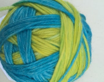 Aqua and Yellow Self Striping Sock Yarn Superwash Merino Sport Weight