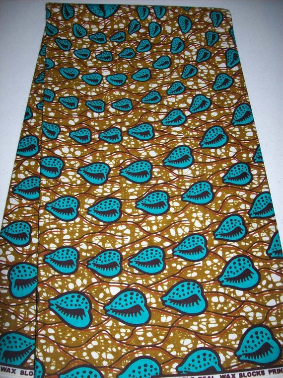 Per Yard Turquoise blue cowrie shell fabric and olive green/