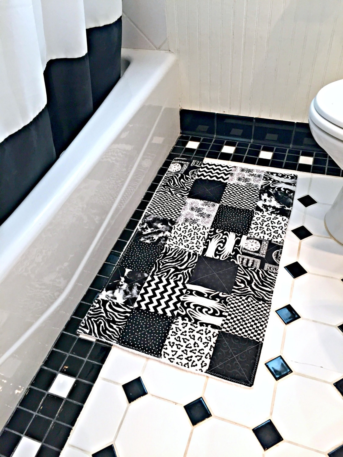 Black and White Bathroom Rug Patchwork Bath Mat Shower Mat