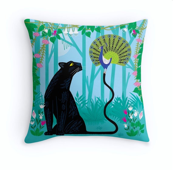 The Peacock and The Panther - Throw Pillow / Cushion Cover - Children's Decor - Kids room - Nursery Decor - (16" x 16") iOTA iLLUSTRATION