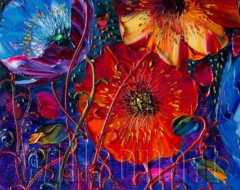 Poppy Red Poppies Floral Original Painting Textured Palette Knife Oil on Canvas Contemporary Modern Art 12X16 by Willson Lau
