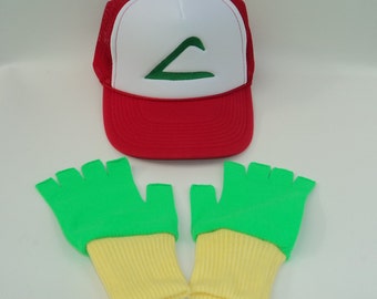 Ash Ketchum Trainer Hat and Gloves set Halloween costume Pokemon Choose your Size