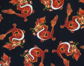 Stunning Red Chinese Dragons on Black Print Pure CottonFabric--By the Yard