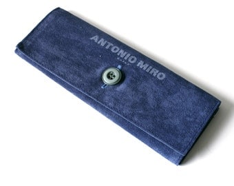 vintage glasses case - soft fabric eyeglass case faux leather - blue sunglasses pouch / holder - eyewear retainer - antonio miro