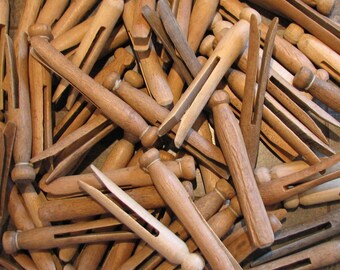 10 Vintage Weathered Wood Round Head Clothespins Bits of String Wooden Craft Altered Art Mixed Media Assemblage Supply
