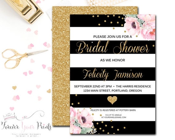 Bridal Shower Invitation - Wedding Shower Invite - Engagement Invitation - Black and White Striped Shower Invitation - Black & Gold Glitter Il_570xn