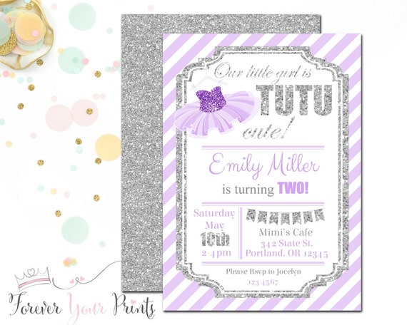 Girls Tutu Birthday Invitations, Tutu Party Invitation, 1st Birthday Invitation, Glitter Birthday Invitations, Ballerina Party, Silver Il_570xn