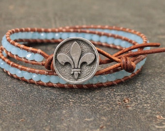 Silver Turquoise Fleur de Lis Bracelet Crystal and Leather Fleur de Lis Jewelry Shabby Boho Chic Jewelry