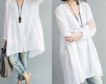 Loose Fitting thin sheer cotton Shirt Blouse for Women -long sleeved - Women Clothing (R)