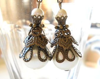 white pearl victorian earrings pearl earrings brass filigree earrings pearl earrings beaded earrings white pearl earrings