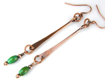 Copper & Green Turquoise Earrings, Rustic Dangle Earrings, Tribal Copper Wire Earrings, Womens Long Earrings, BOHO Earrings