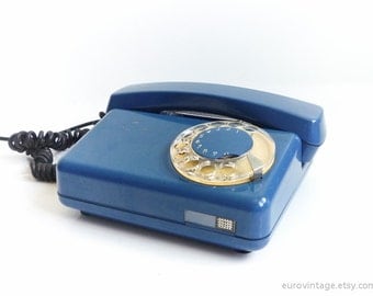 Vintage Blue Rotary Phone White Dial Telephone 70s