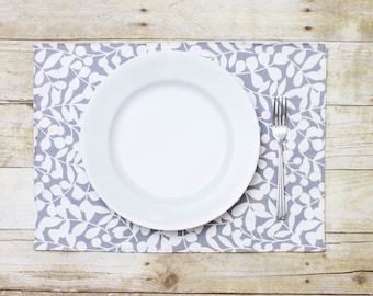 Double Sided, Eco-Friendly Place Mat - ORGANIC - Set of 2 - (M_3764 Grey Leaves Placemats)