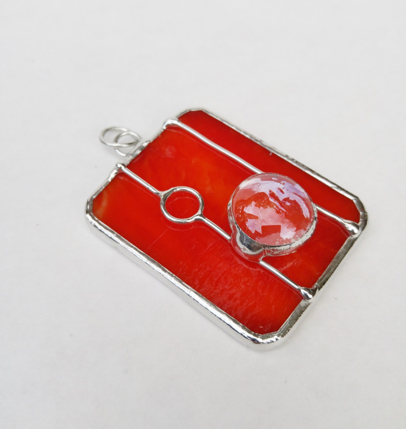 Tomato red stained glass rectangle pendant FREE SHIPPING