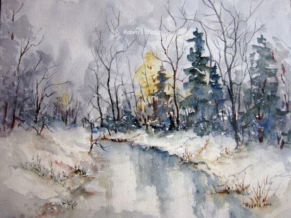 Snowy Winter Landscape Archival Print Watercolor Painting