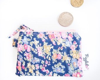 Liberty Oilcloth Mini Coin Purse with a Swivel Clip - Liberty of London Tatum (Navy Blue)