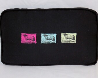 Black Sheep Pillow, Linen with Pink Aqua Green Lambs, Hand Dyed Toile, Box Shape Rectangle, Cover and Insert Included, Ready Ship, OOAK