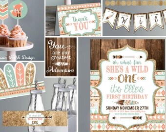 Wild ONE First Birthday Invitation - Printable Invites and Decor - Tribal Coral Teal and Gold - Wild One Birthday- Kit Instant Download