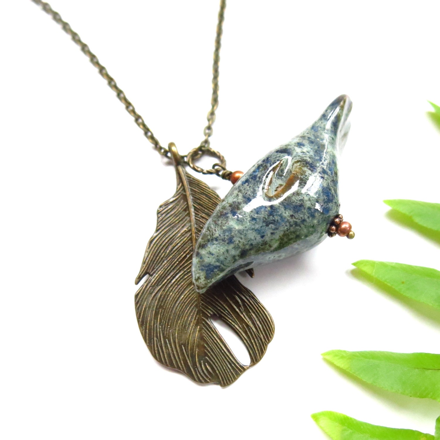 pottery blue bird pendant feather necklace bird lover gifts pottery blue bird pendant feather necklace bird lover gifts