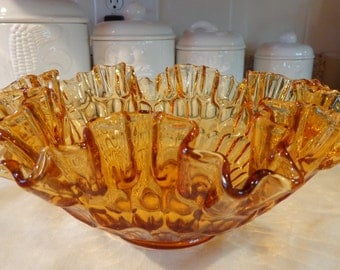 Fenton Art Glass Amber Thumb Print Double Crimped Ruffled Console Bowl (11 1/4" diameter)