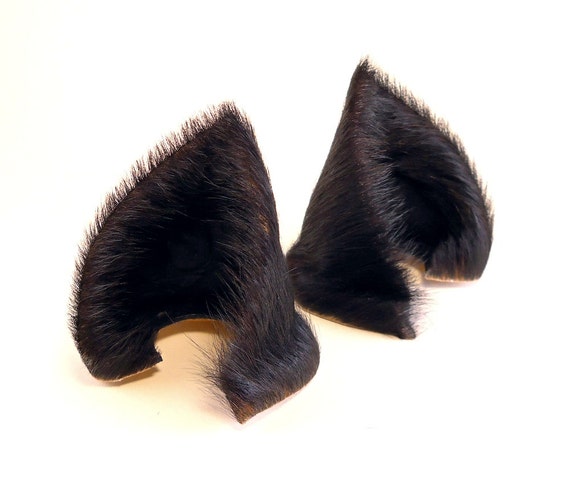 Sleek Black Fur Leather Cat Ears Nekomimi Cosplay Kitten Furry