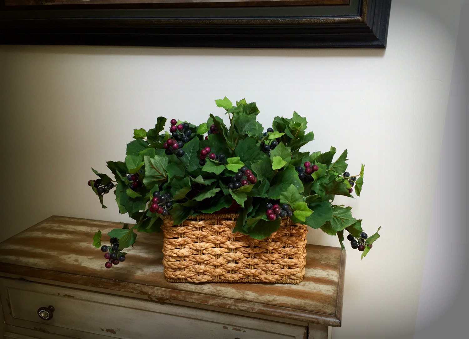 Basket Grapevine Floral Arrangement Tuscan Wine Grapes Silk