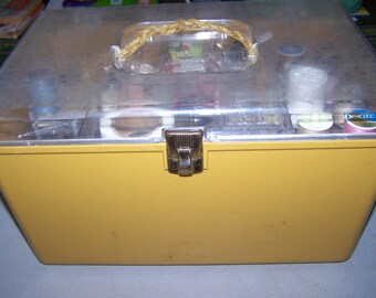 Vintage Yellow Plastic Sewing Box and Accessories