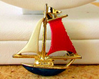 vintage 80s Gerrys red white blue enamel sailboat pin brooch nautical sailing