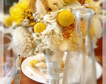 Yellow Wedding Bouquet - Dried & Preserved Flowers - bridal bouquets - hydrangea sola bill balls - Sunny Collection w/ Protea