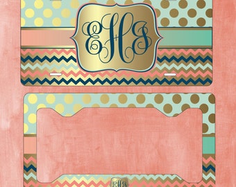 Monogram License Plate and Frame with Matching Key Chain Gold Blue Coral Mint Image (Not Gold Aluminum)- Personalized Tag - Custom Car Tag