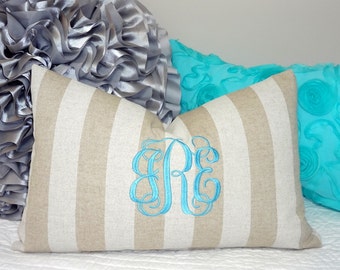 Natural Tan Monogrammed Pillow Cover Lumbar 12x18 Monogram Pillow Cover Natural Stripe Fabric Up to 3 Initials