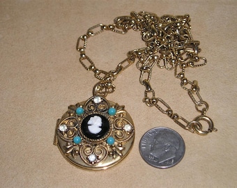 Vintage Rhinestone Cameo 2 Picture Locket Necklace With Faux Turquoise Accents 1960's Jewelry 182