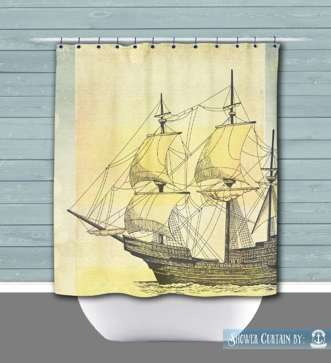 Yellow Ship Shower Curtain Sailing Ship Nautical Beach House