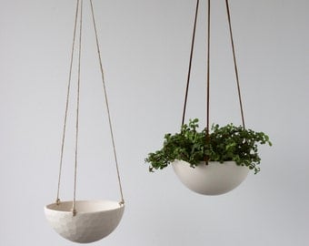 Hanging Ceramic Porcelain Planter Medium Size, Geometric Faceted or Smooth finish, choose Hemp or Leather Cording
