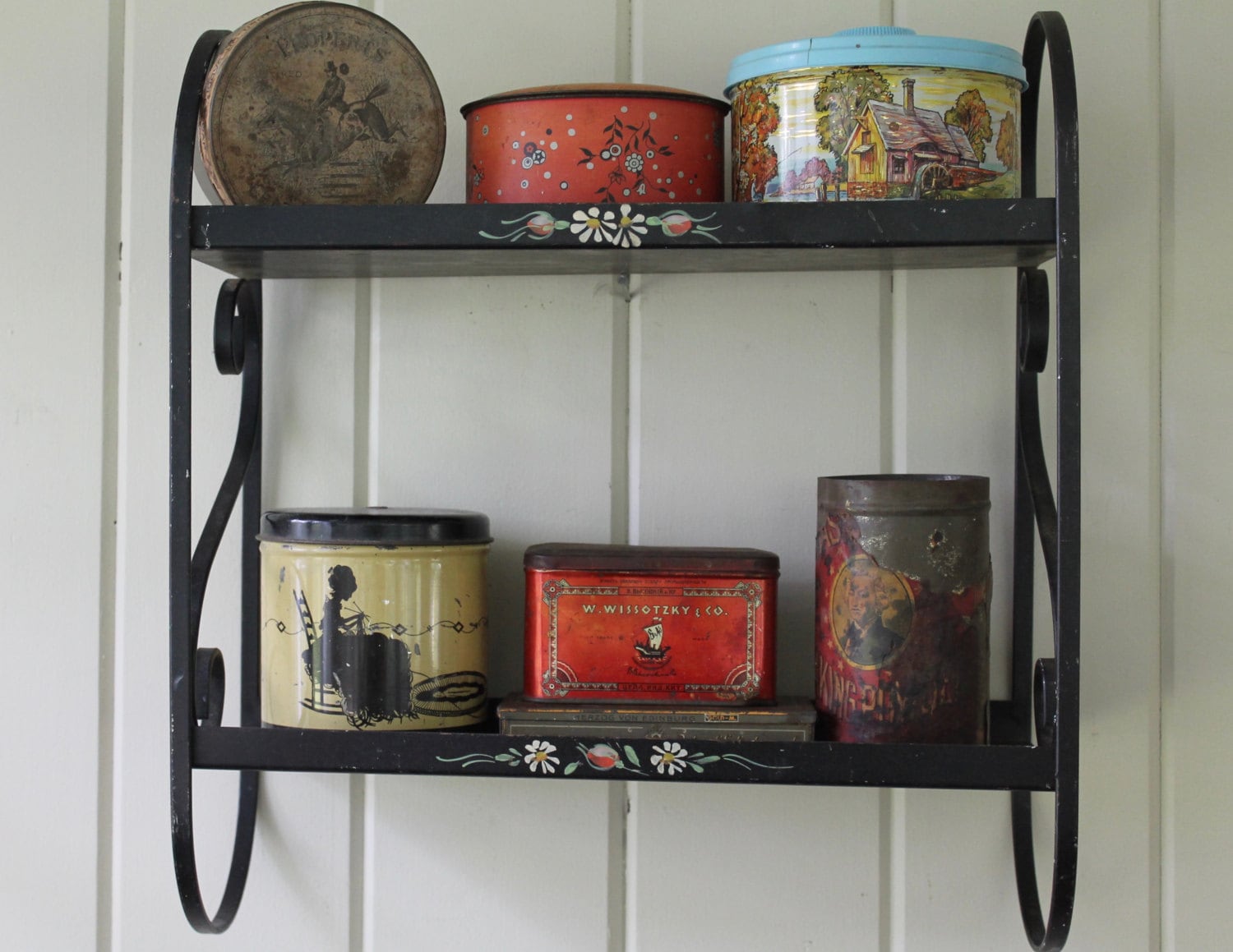 Vintage Black Metal Shelf // Painted Flowers // Hanging Shelf