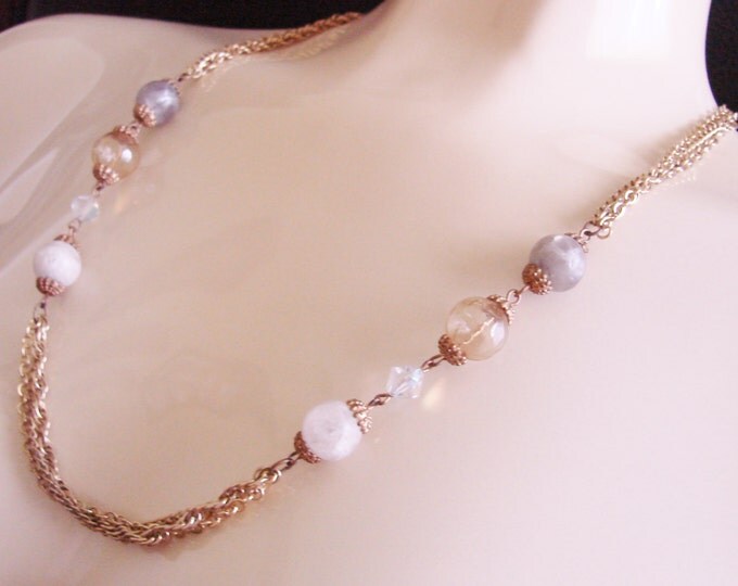 70s 80s Multi Chain Crystal Glass Lucite Bead Necklace / Vintage Jewelry / Jewellery