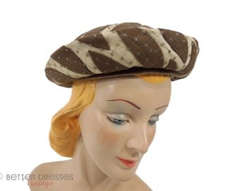 60s Brown and Cream Breton Hat | Mod Hat With Leaf Design