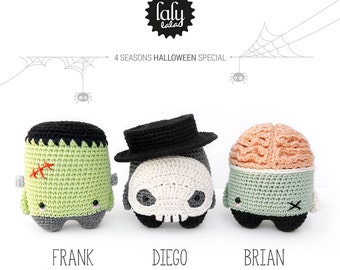4 seasons: HALLOWEEN (Frankenstein, Skull, Zombie) • lalylala crochet pattern / amigurumi