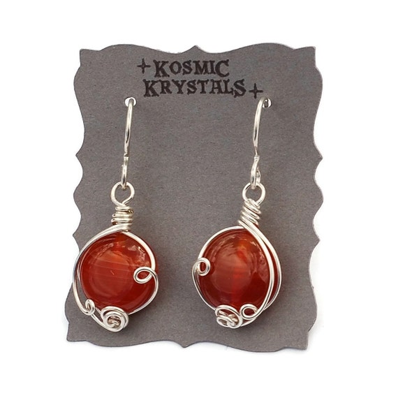 Carnelian Earrings In Sterling Silver Wire Wrapped Gemstone 9620