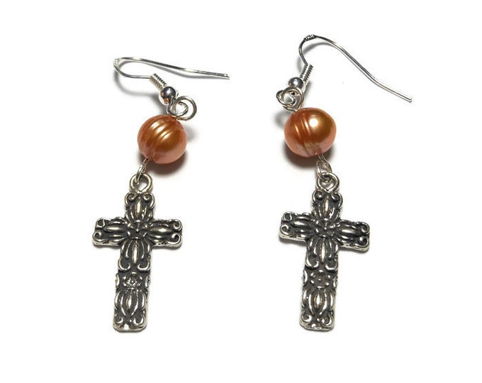 Sterling cross earrings, handmade sterling silver cross and a peach cultured pearl on sterling french hooks, cross pierced dangle earrings.