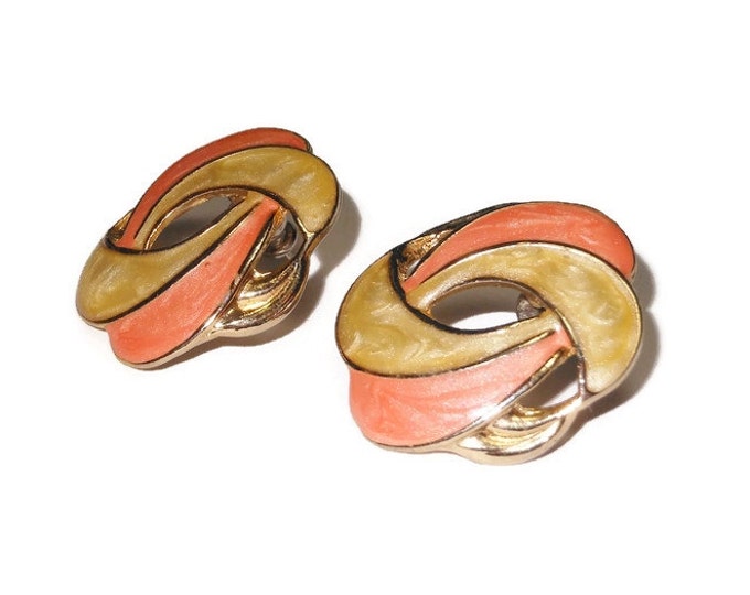 Peach enamel earrings, iridescent peach and cream swirl pierced earrings goldtone.