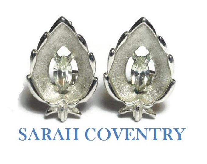 FREE SHIPPING Sarah Coventry earrings, 1960s 'crystal navette', marquise cut rhinestone crystal center, leaf shape, silver clip earrings