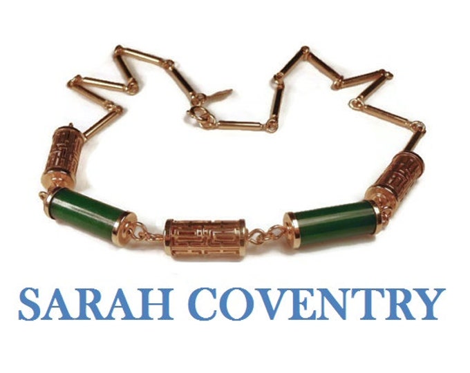 Sarah Coventry necklace, Faux Jade named Oriental Lanterns faux jade green tubes and gold filigree tubes on a chain, 1978 book piece