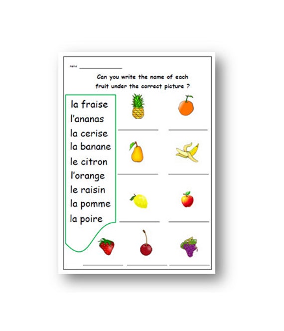 Kids Worksheet French Learning the Names of Fruits / French