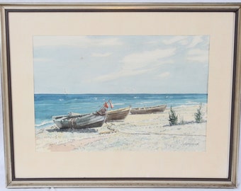 C.A. Krauss 14x20 Watercolor Painting Beach Scene Landscape Rowboats Fishing Boats Seagulls