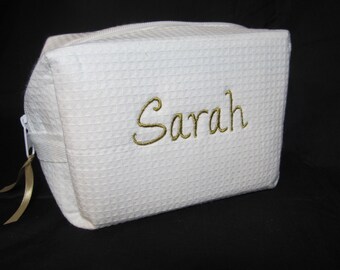 Personalized Bridal Party Makeup Bag - Bridesmaid Cosmetic Bag - Waffle Weave Spa Bag - Great Gift